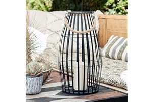 Lights4fun Grande Lanterne Noire à Lattes en Métal de 45 cm avec Bougie TruGlow® LED Blanc Chaud Flamme Vacillante à Piles avec Minuterie Déco Jardin Extérieur et Intérieur