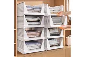 Tuocal 8 Pack Wardrobe Storage Organisers, Folding Closet Organisers Plastic Storage Drawer, Stackable Storage Boxes Space-Saving Clothes Storage Organiser Basket for Bedroom Kitchen Bathroom White