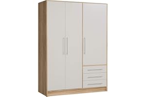 Forte Jupiter Armadio 140 150 - Armadio a 3 Ante con 3 cassetti e Ripiani, Colore: Bianco con Decorazione in Legno di Rovere Sonoma, Larghezza 145 cm x profondità 60 cm x Altezza 200 cm