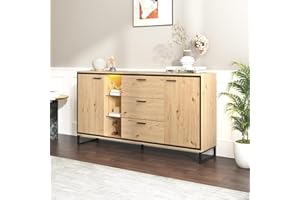 Rtopsu Mobile Contenitore Credenza con LED, Madia Mobile da Cucina con 2 Ante e 3 Cassetti, Mobile Dispensa Cucina Buffet da Cucina per Soggiorno Cucina Sala da Pranzo, 160x40x85 cm, Nero & Naturale