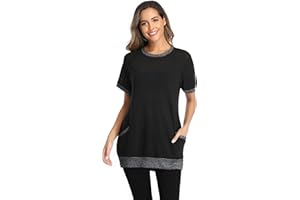 iChunhua Womens Long T Shirts Short Sleeve Patchwork Cotton Casual Summer Tops with Pockets