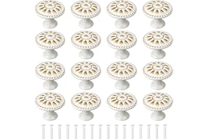 YEYIT 16 Piezas Blanco Pomos y Tiradores 30MM Pomo de Armario Redondo，Aleación de Aluminio Pomo de Puerta de Armario Patrón de Flores Tiradores Cajones，Tiradores Armarios con Tornillos para Cajones