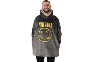 Nirvana Mens Wearable Blanket Hoodie | Adults Grey Hooded Pullover Logo Face Graphic Print | One Size Sherpa Lined Rock Band Loungewear | Classic Grunge Band Music Merchandise Gift