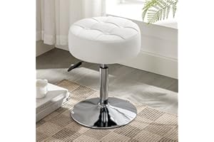 LUE BONA 360° Drehbarer Schminktisch Hocker, Höhenverstellbar Schminkhocker, Sitzhocker aus Kunstleder mit Knopfgepolstertes Design, Weiß