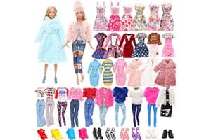 Miunana 28 ubrań dla lalek 30 cm, 1 płaszcz, 1 pluszowy top, 1 sweter, 1 pluszowa kurtka, zestaw 3 modnych sukienek, 3 topów, 3 spodnie, 5 mini sukienek, 10 butów dla lalek 40 cm