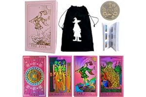 AGD LIGHTS Barajas de cartas de tarot, 78 cartas de tarot rosa fluorescente con guía para principiantes, PVC impermeable, tarot holográfico clásico, paquete con moneda SÍ NO y bolsa de terciopelo del tarot