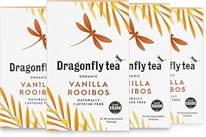 Dragonfly Organic Vanilla Rooibos Tea Bags, Pack of 4 x 40 (160 Teabags) Herbal Tea Bags, Caffeine-Free, Redbush Teabags, Biodegradable, Red Bush