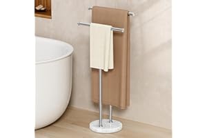 KES Portasciugamani autoportante a 2 ripiani con base rotonda in marmo naturale da 4,8 kg, portasciugamani da pavimento per pavimento del bagno, doppia forma a T, acciaio inossidabile 18/8, finitura