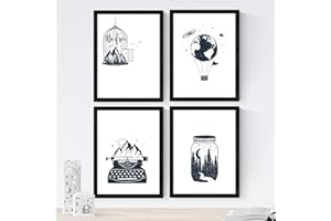 Nacnic Set de 4 láminas de Bosque Libre, en tamaño A4. Jaula, Globo, Maquina, Jarra. con Marco