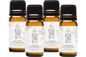 ESSENZE.ME PURO, ELEGANTE BENESSERE ESSENZE KIT SET 4 OLI ESSENZIALI Puri al 100% Naturali 10ml Olio Essenziale Lavanda, Rosmarino, Muschio, Eucalipto. Per Diffusori Ambiente Aromaterapia. Controllati e Confezionati in ITALIA.