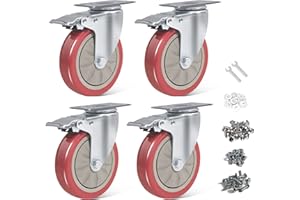 BAOLIHUI Set of 4 Swivel Castors for Furniture 125 mm Furniture Castors with Brake Heavy Duty Castors 800 kg Red Wheels for Furniture Transport Roller Workbench Tool Trolley Pallets Transport Castors