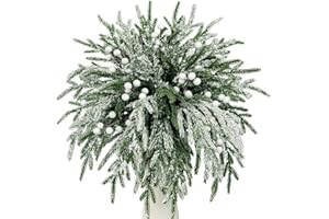 KKSTY 20 Pcs Artificial Snowy Norfolk Pine Branches with 10 Berry Stems,15" Real Touch Fake Norfolk Pine Stems Frosted Greenery Foliage Sprigs for Christmas Wreath DIY Vase Filler Home Decoration (White)