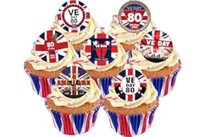 ORANGE TRADING DARTMOUTH LTD 24 Pre-Cut VE Day 80 Years UNION JACK WWII WW2 Themed Edible Wafer Paper Cake Toppers Decorations