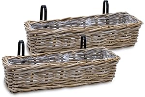 ‎SPETEBO Spetebo Rattan Balkonkasten Natur 60 x 20 cm - 2er Set - Weide Pflanzkorb mit Halterung - Balkon Garten Blumenkasten Pflanztopf Blumenkorb zum Einhängen an Geländer