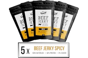 ‎CRAFTSMAN FINEST FOODS Craftsman Beef Jerky Spicy | Ohne Zucker | Aus Deutschland - Bayern | Set 5 x 50g = 250g | 100% Rind | High Protein 68% | Trockenfleisch Chili | Dörrfleisch 100% Natürlich |