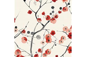 ICYEHAO Papel Pintado Autoadhesivo Floral Rojo y Negro, 44 x 600 cm Papel Pintado Acuarela Flor de Ciruelo Negro y Naranja Ramas Vinilo Adhesivo para Muebles,Armarios,Libreria,Sala de Estar, Dormitorio,Baño
