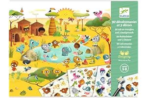 DJECO Coffret Décalcomanies Savane, Désert et Pôle Nord - Enfants 5 à 8 ans - Stimule La Créativité - Gratter et Créer vos Dessins ! 3 Planches & 90 Images - Facile à Utiliser