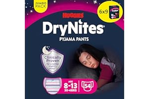 ‎HUGGIES Huggies DryNites saugfähige und diskrete Pants bei Bettnässen, Für Mädchen 8-13 Jahre (30-49 kg), 6 x 9 Windeln (54 Stück)