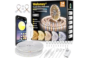 Wefomey 30M Ruban LED Blanc Chaud à Blanc Froid 2700k à 6500k Dimmable, Bande LED 24V avec App Contrôle, Alimentation et Télécommande, Bande Lumineuse Eclairage Intérieur pour Chambre, Cuisine, Salon