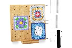 HISDRICUS Planche de Blocage du Crochet - Planche de Blocage pour Granny Square 20x20 cm - Bambou Granny Square avec 20 Tiges, 5 Aiguilles en Inox et 1 Support - Accessoires pour Projets de Tricot et de Crochet