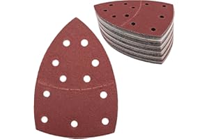 LYHLYA 50 pcs Mouse Sander Pads, 11- Hole 120 Grits Mouse Sander Sandpaper Hook and Loop Sanding Pads 108x155 mm Triangle Multi Tool Sander Pads for Sanding and Polishing