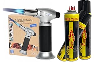 Clearfee Butan Flambierbrenner | inkl. 3x je 300ml Butan Nachfüllgas | 1300°C max. Temperatur, 0.28KW stark | Lötlampe, Küchenbrenner, Bunsenbrenner für Küche, Camping & Werkstatt Brenner