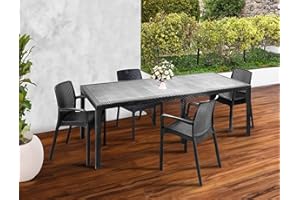 Dmora - Set salotto da esterno Manarola, Ripiano allungabile da esterno con 4 sedie, Tavolo e sedute da giardino effetto rattan, 100% Made in Italy, Antracite