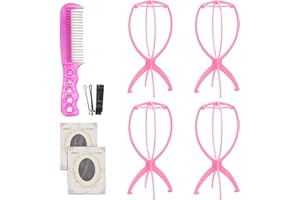 XCZYN 14 pulgadas Soportes de peluca plegable, cabeza de peluca soportes para pelucas, soportes de exhibición de peluca portátil plástico soporte peluca secador (4 piezas rosa)
