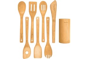 BLAUKE Bamboo Zestaw Narzędzi Kuchennych 8-pak - Drewniana Szpatułka, Lyżka do Gotowania, Widelec, Tokarz, Szczypce Kuchenne, Uchwyt na Przybory Kuchenne - Drewniany Zestaw Przyborów Kuchennych dla Non-stick