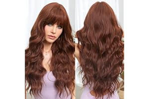 EMMOR Auburn Perruques pour Femmes Longues Bouclées avec Frange en Fibres Synthétiques Résistantes à la Chaleur Perruques Quotidiennes d'Aspect Naturel