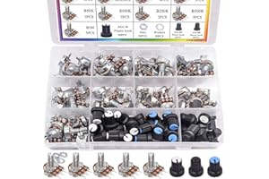 Taiss 100Stück Potentiometer Kit B1K B5K 10K 20K 50K 100K 250K 500K 1M Ohm Linear Taper Drehpotentiometer B Type Potentiometer with Nuts, Washers and 3 Different Colors of Aluminum Alloy Knopf F048