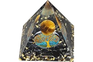 Amogeeli Tigerauge Kristallkugel Pyramidenstein mit Baum des Lebens Symbol, Positive Energie Chakra Heilstein Reiki Pyramide Deko für Meditation, Spirituelle Heilung, Büro Feng Shui