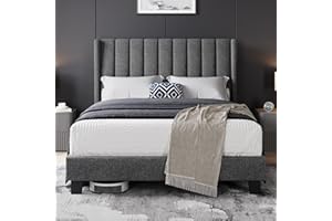 Yaheetech Double Bed Frame, Upholstered Platform Bed with Channel Tufted Headboard & Wing Side, Wood Slat Support, Mattress Foundation, No Box Spring Needed, Noise-free, 4ft6 Double Bed Dark Grey