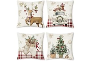 Bonhause Zimowe świąteczne poszewki na poduszki 45 x 45 cm, rękawiczki reniferowe, choinki, ciężarówka, czerwone kraty, dekoracyjne poszewki na poduszki na sofę, łóżko, do domu, patio, dekoracja