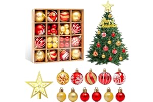 WUSUPU Juego de 44 Bolas de Navidad Doradas y Rojas,Decoración Navideña,Adornos Arbol Navidad con Copas de árbol ahuecadas,Estrellas y Tablero del Alfabeto,adecuados para Navidad,Fiestas y Fiestas