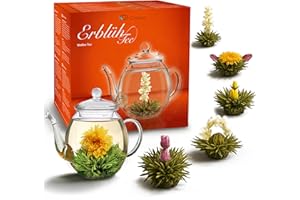 ‎CREANO Creano Teeblumen Geschenkset - Erblühtee mit 500ml Glaskanne & 6x Weißer Tee - Geschenk zu Weihnachten Geschenk für Frauen und Teeliebhaber