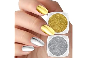Allstarry Chrome Nail Powder, 2 Colors Metallic Effect Mirror Chrome Powder Pigment Shiny Holographic Manicure Pigment Gold Siver Nail Fine Glitter Dust Kit with 2 Sponge Sticks for Nail Decoration
