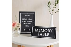 ANGEL & DOVE Set of 2 Card Signs 'Memory Table' & 'Share Your Memories' (Black) - for Funeral Condolence Book, Memorial, Celebration of Life