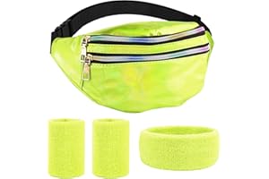 Eurtes Accessoires des années 80, lot de 4 accessoires pour homme et femme, vêtements sportifs années 90 et 80, bandeau, bandeau, bracelets et sac banane étanche, Vert fluorescent, M