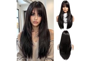 OUFEI Pelucas negras y marrones para mujer, peluca larga con flequillo, pelucas rectas naturales, pelo sintético, resistentes al calor, para fiestas diarias, cosplay