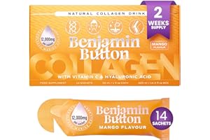 Benjamin Button Marine Collagen Liquid Sachet w/Hyaluronic Acid & Vitamin C | for Hair, Skin, Nails & Joints | 12,000mg High Strength Hydrolysed Collagen (Mango, 14x Sachets)