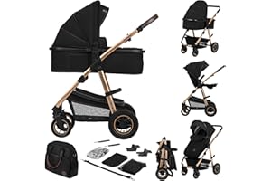 LIONELO Amber wózek spacerowy 2 w 1 do 22kg, montaż siedziska przodem lub tyłem do kierunku jazdy, pozycja leżąca, bezobsługowe koła PU, pokrowiec na gondolę i na spacerówkę (Czarny)