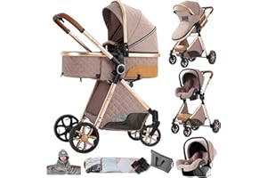 Prokoke Poussette 3 en 1, Poussette avec Réversible Deux Façons de Pousser, Pousette 3 en 1 avec Alliage d'aluminium à Cadre, Poussette Canne avec Conception Pliable en Un Clic (225 Khaki)
