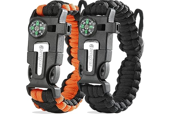 Bracelets de Survie en paracorde (Lot de 2) Allume-feu en silex et Acier, sifflet, Boussole, Longueur de Bracelet réglable pour Camping, Survie en Pleine Nature, kit d'urgence