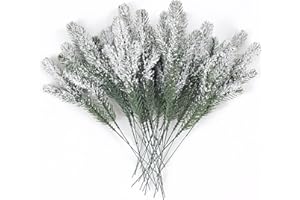 HBell 24Pcs Snowy Artificial Pine Needles Branches Twigs 24cm Fake Frosted Pine Picks Greenery Stems Christmas Tree Pick Winter Faux Fir Sprays Twig for Crafts Christmas Wreaths Season Decor