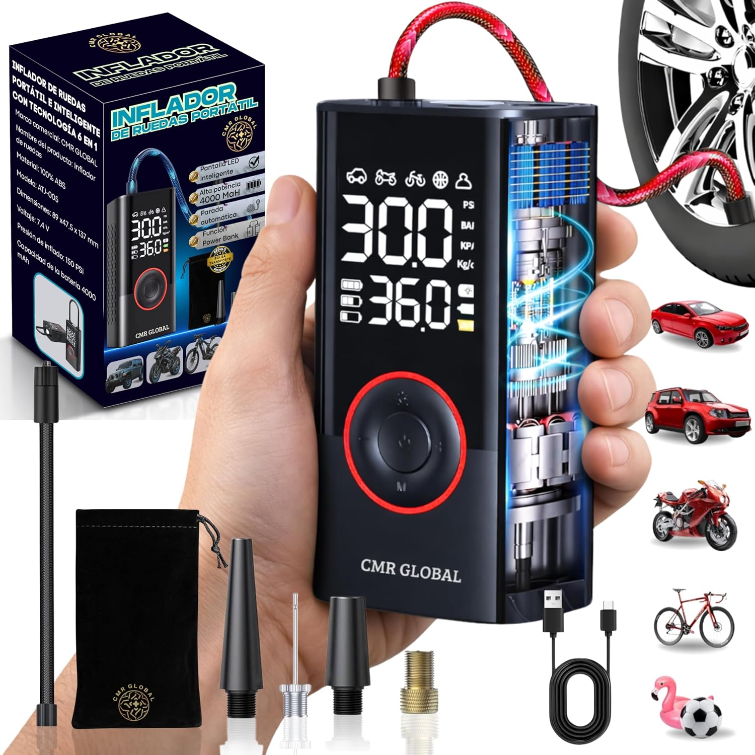 SUPER PRO Compresor Aire Portatil. Inflador Ruedas Coche. Inflador Eléctrico con Linterna 150 PSI para Coche Moto Bicicleta Pelota. Hinchador eléctrico Batería Recargable 4000 mAh. Viaje Emergencia
