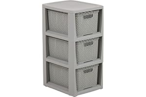 BRANQ HOME ESSENTIAL BranQ - Home essential, Rattan Design BPA Free Plastic 3 Drawer Storage Unit, Ideal for Home Office, Bedroom and Bathroom Storage, 29.5 x 24 x 48.7 cm (LxWxH) - Light Grey