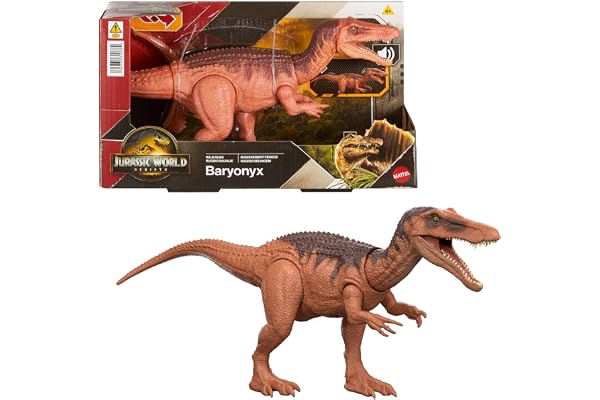 Mattel Jurassic World: Renaissance Baryonyx dinosaure articulé, jouet avec morsure commandée à partir de la queue, attaque dans toutes les directions, rugissement féroce, son et jeu virtuel, JGC79