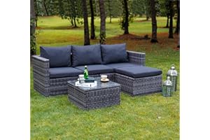 GOODS EMPORIUM Rattan Garden Corner Sofa with Coffee Table Patio Furniture Set - 3 to 4 Seater - FREE RAIN COVER INCLUDED (Dark Grey Mixed With Dark Grey Cushions)