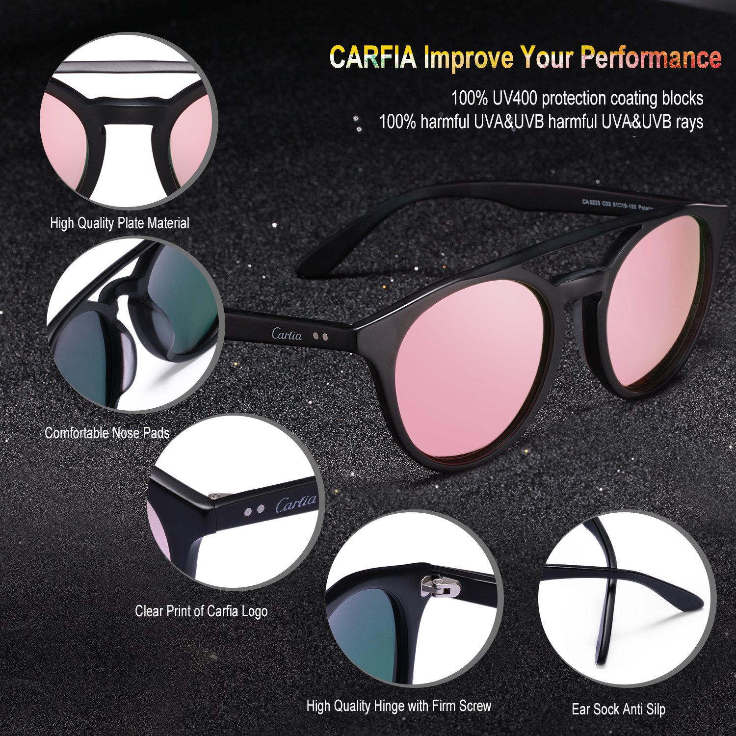 Carfia-Gafas-de-Sol-Polarizadas-hombre-mujer-Double-Bridge-Retro-Unisex-Estilo-gafas-Proteccin-UV400-para-conducir-viajes-playarosado